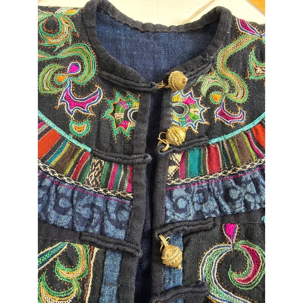 Vintage Hmong Handmade Indigo Jacket Embroidered Tribal OOAK Boho Artisan - Picture 7 of 16